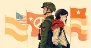 Two soldiers representing unity and hope, surrounded by flags and symbols of patriotism, in a warm color palette.