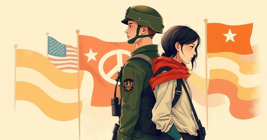 Two soldiers representing unity and hope, surrounded by flags and symbols of patriotism, in a warm color palette.