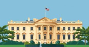 A stylized White House with one prominent flag and intricate architectural details in warm colors.