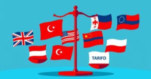 A conceptual visual of global trade tensions with tariffs and flags, emphasizing international economic relations.