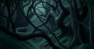 A dark forest depicting a treacherous journey representing illegal immigration experiences.