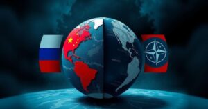 Geopolitical event showcasing a globe with China and Russia symbols in conflict with NATO, using dark tones and sharp contrasts.