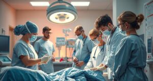 Hospital scene showcasing medical professionals assisting patients, illustrating teamwork and healthcare collaboration.