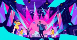 Colorful representation of K-pop stars in a vibrant music scene with dynamic energy and modern art style.