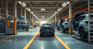 A declining automotive industry scene, showcasing empty assembly lines with faded machinery in muted earth tones.