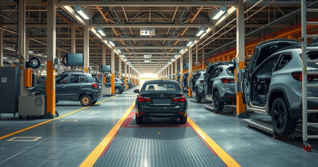 A declining automotive industry scene, showcasing empty assembly lines with faded machinery in muted earth tones.