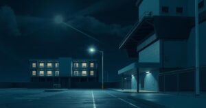 A dramatic night scene of a prison facility under bright lights, signifying justice and law enforcement in Belgium.