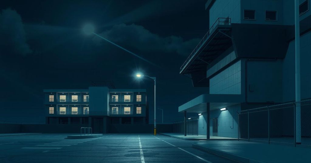 A dramatic night scene of a prison facility under bright lights, signifying justice and law enforcement in Belgium.