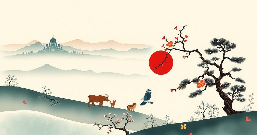 Traditional Mongolia and Japan symbols against a serene landscape with soft pastels and ink wash art style.