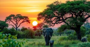 A serene landscape of South Luangwa National Park with elephants, lush greenery, and a warm sunset glow.