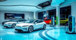 A futuristic electric vehicle showroom filled with modern designs, featuring electric cars and charging stations, in a vibrant color scheme.