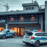 A modern police station exterior with a focus on security cameras and vehicles, reflecting law enforcement activity in Liberia.