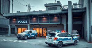 A modern police station exterior with a focus on security cameras and vehicles, reflecting law enforcement activity in Liberia.