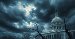 A somber atmosphere with a looming storm over the Capitol building, symbolizing political tension and uncertainty.