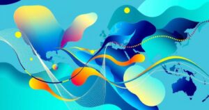 A colorful graphic symbolizing international trade discussions and economic optimism, featuring abstract shapes and flowing lines.