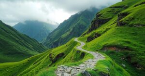 A serene landscape with mountains and lush greenery, depicting a pilgrimage path, reflecting spiritual journey.