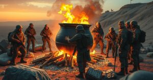 Kurdish fighters burn weapons in a cauldron symbolizing peace effort in Iraq, showcasing hope for future reconciliation.