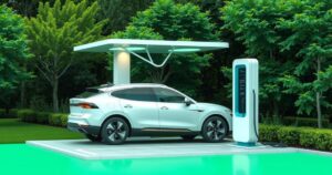 A vibrant electric vehicle charging station surrounded by greenery, showcasing innovation in sustainable transportation.
