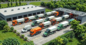 Conceptual design of a truck assembly plant with trucks and greenery, showcasing industrial development and partnership.